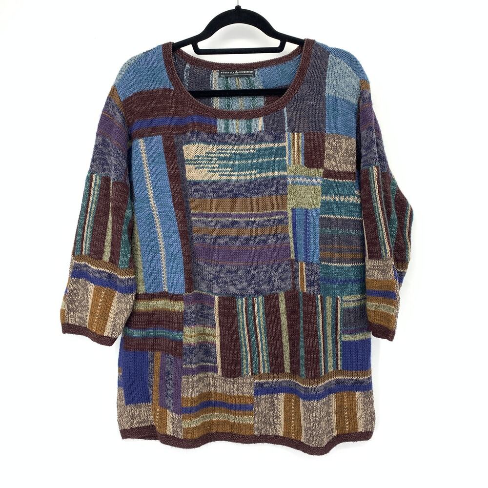 Peruvian Connection Patchwork Sweater Sz L 3/4 Sleeve Multicolor Cotton Alpaca